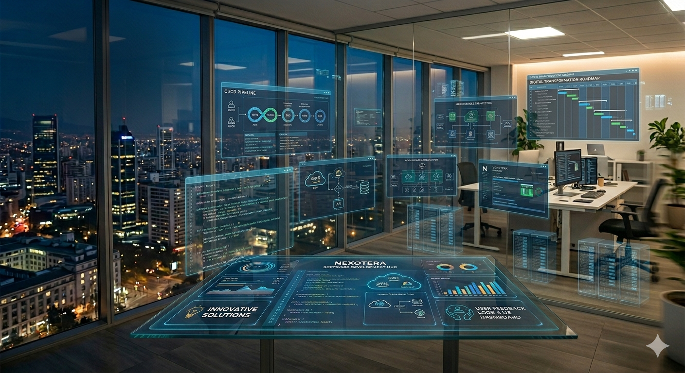 Oficina moderna con dashboards holográficos — tecnología NexoTera