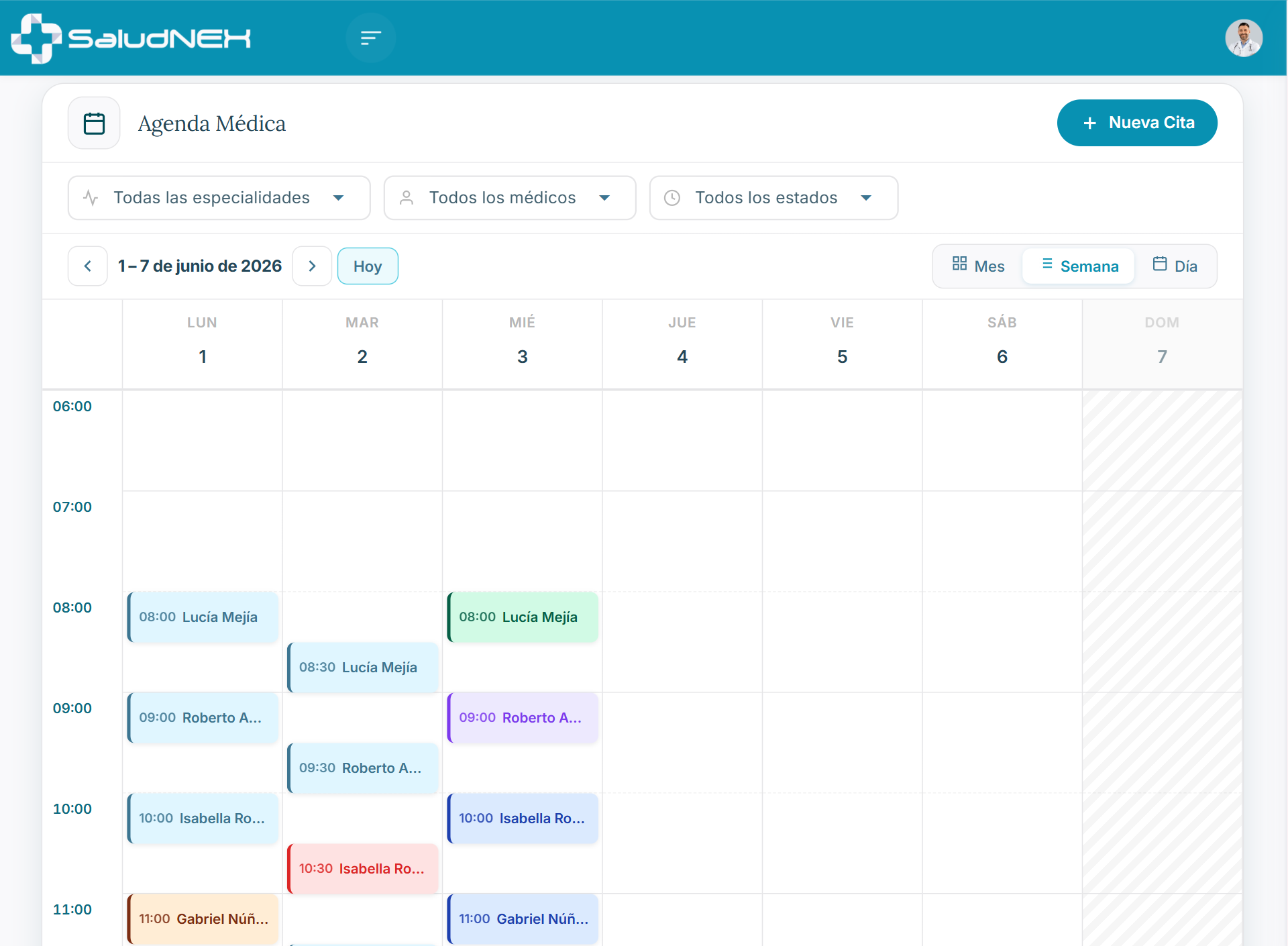 Vista semanal de la agenda de SaludNEX con citas organizadas por día y médico