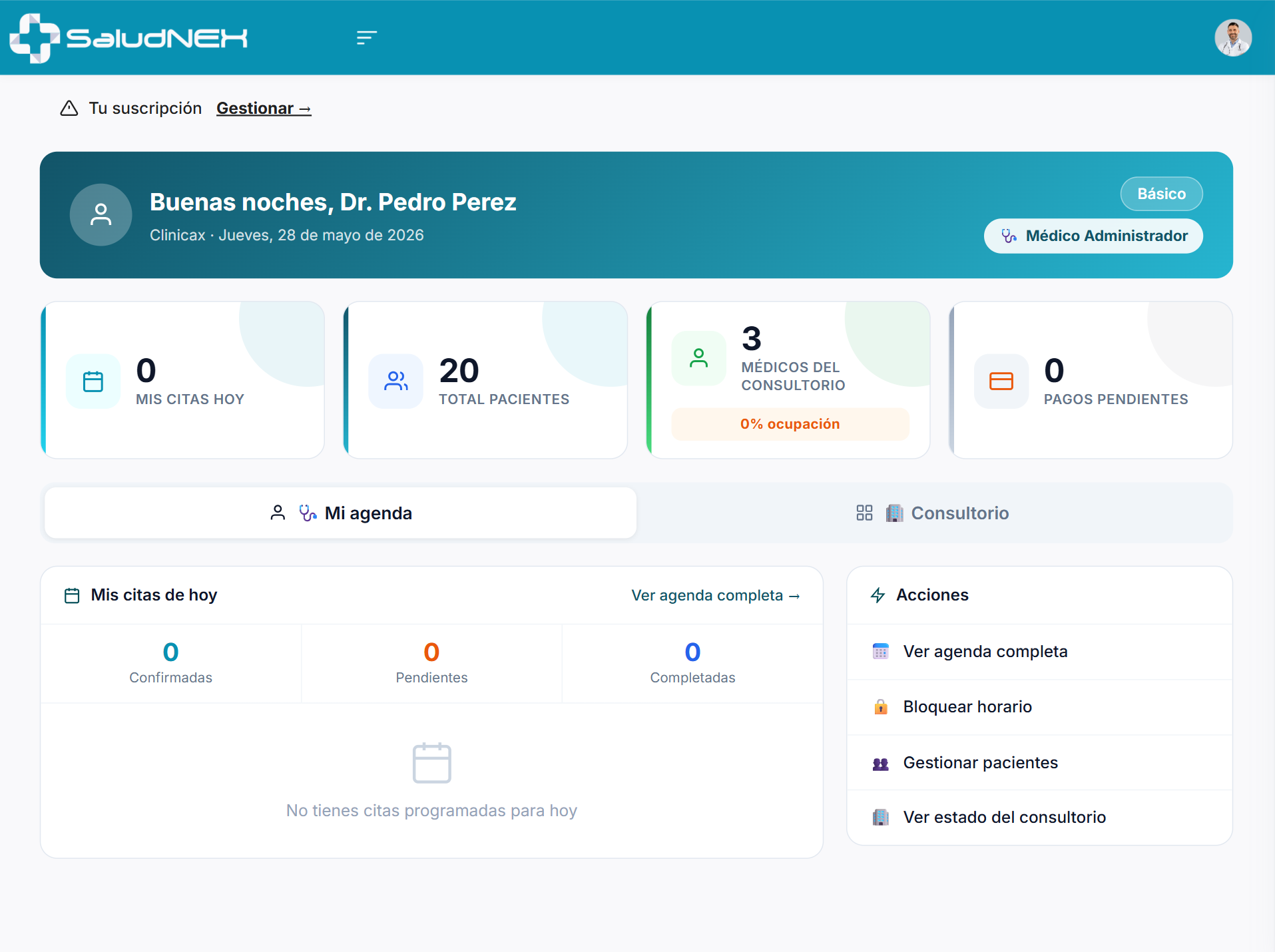 Vista del dashboard de SaludNEX mostrando la agenda del día con citas de pacientes