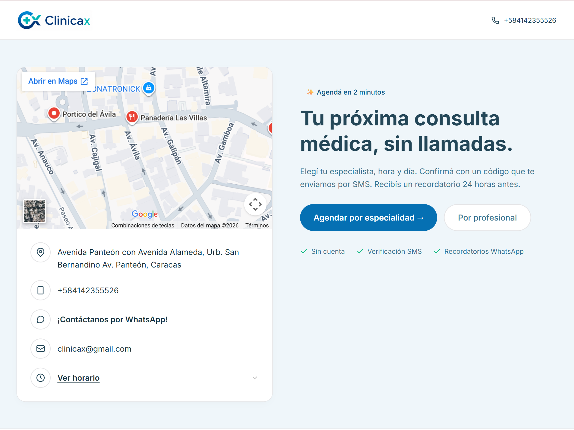 Micrositio público de una clínica en SaludNEX con branding propio y reserva de citas